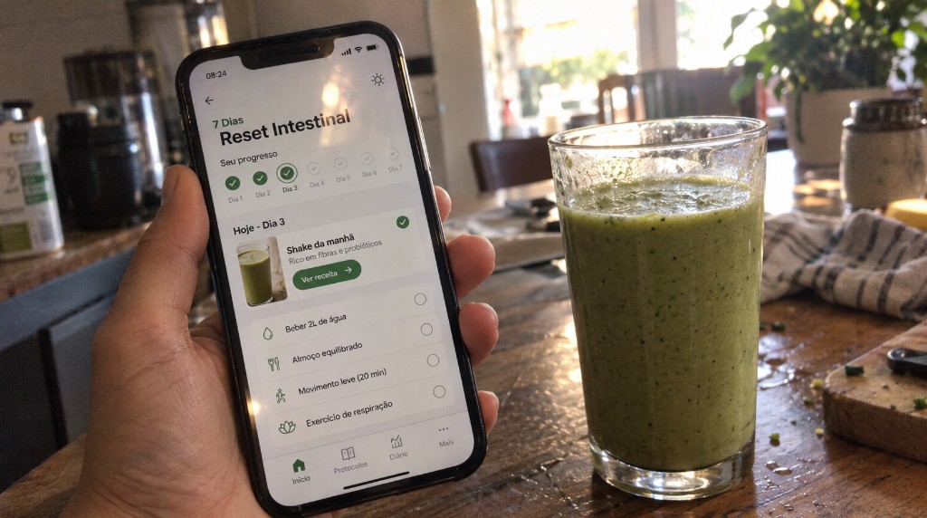 Celular com o app Reset Intestinal no dia 3 e o copo do shake ao lado