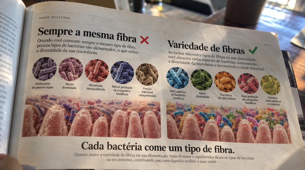 Página de revista: sempre a mesma fibra reduz a diversidade; variedade de fibras alimenta várias bactérias