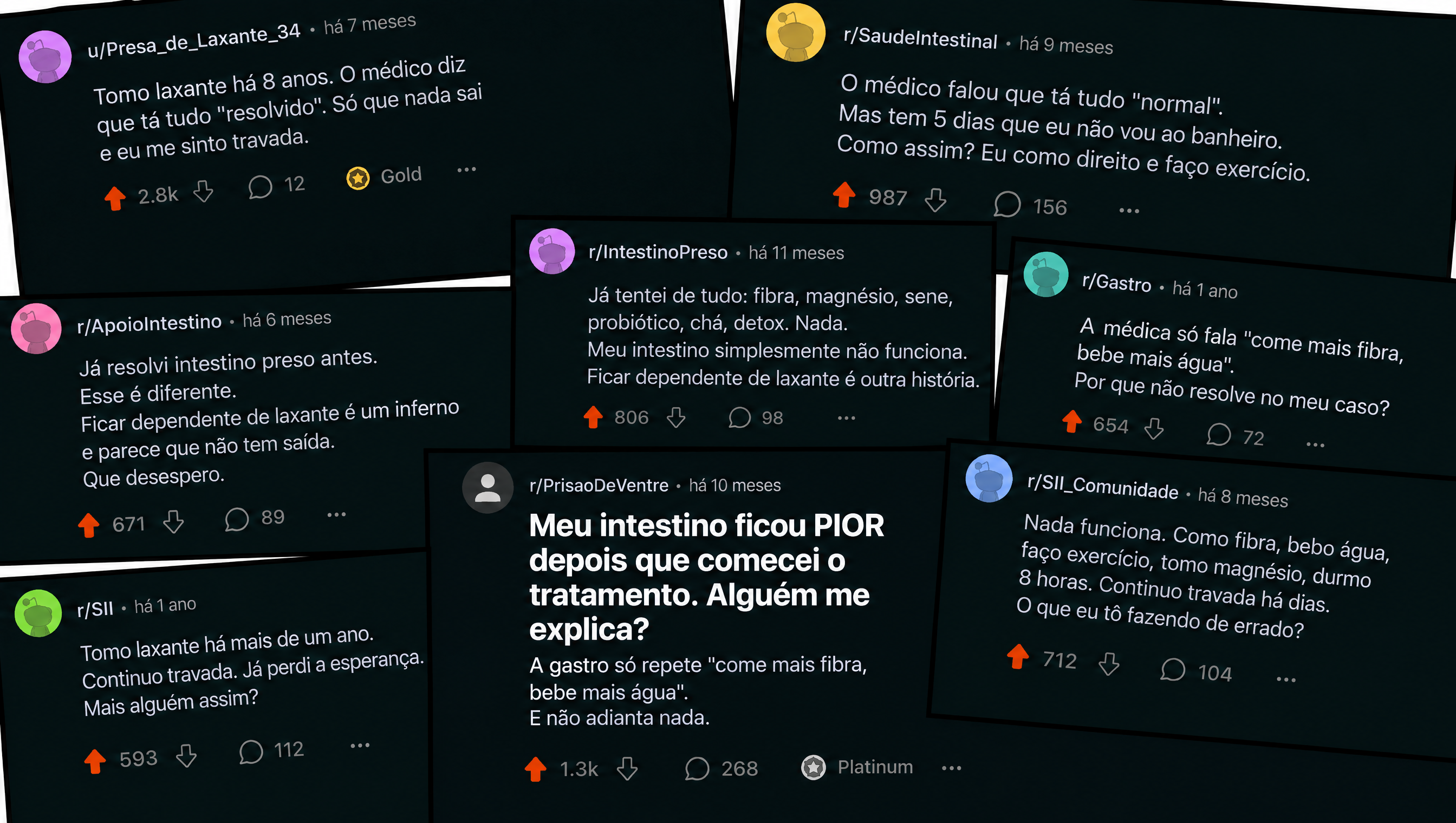 Colagem de posts de fóruns brasileiros sobre intestino preso