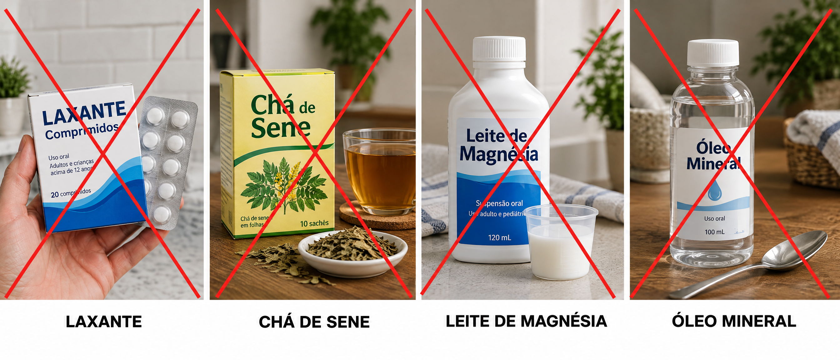 Laxante, chá de sene, leite de magnésia e óleo mineral riscados